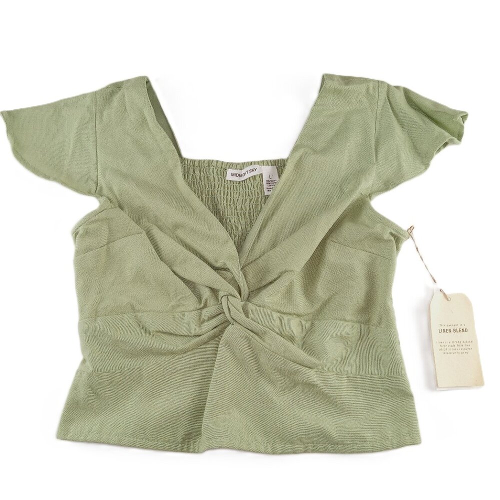Midnight Sky Twist Front Crop Top Women's Size Large Green Flutter Sleeves